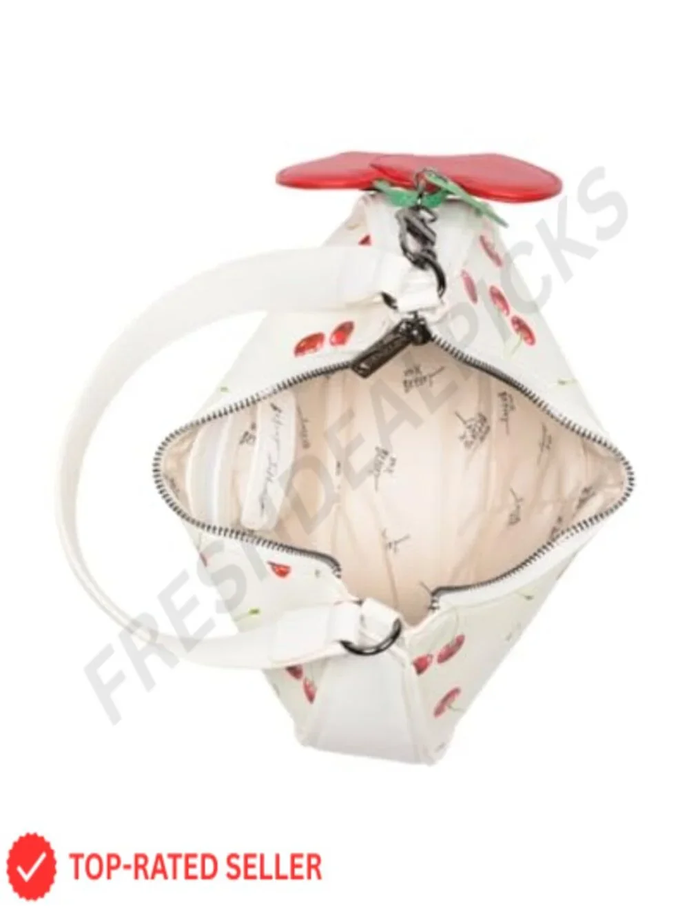 Crescent Hobo Handbag Faux Leather Cherry Print Detachable Heart Charm Shoulder